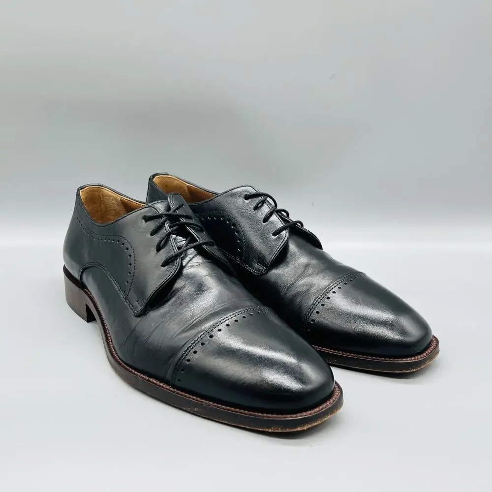 Johnston & Murphy Shoes Mens 9 Black Leather Cap Toe Derby Dress Almond Toe